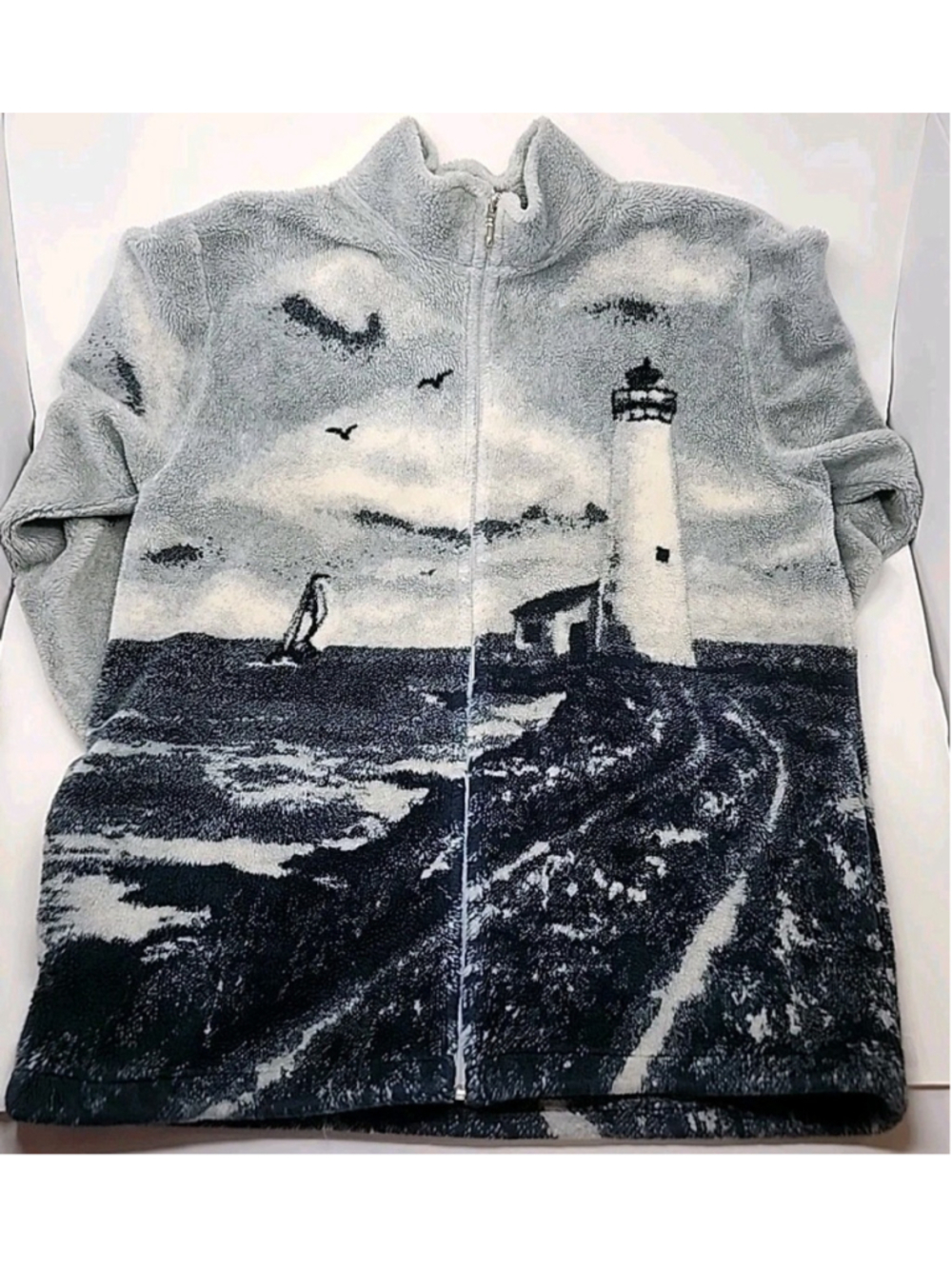 Vtg Art Unlimited Lighthouse Fleece 2XL? Jacket Blanket Pockets 90's Boat Beach